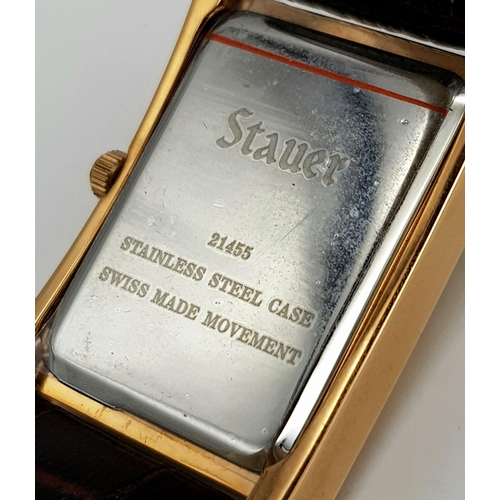 298 - A Men’s (As New Condition) Stauer Swiss Fine Gold 1 Gram Ingot Face Tank Style Watch. 28mm Rose Gold... 