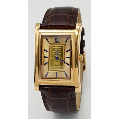 298 - A Men’s (As New Condition) Stauer Swiss Fine Gold 1 Gram Ingot Face Tank Style Watch. 28mm Rose Gold... 