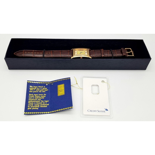 298 - A Men’s (As New Condition) Stauer Swiss Fine Gold 1 Gram Ingot Face Tank Style Watch. 28mm Rose Gold... 