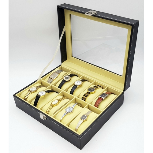 396 - A Ten Watch Display Box Containing Ten Ladies  Watches Comprising: 1) A Seiko Model 6530-5500. 2) An... 