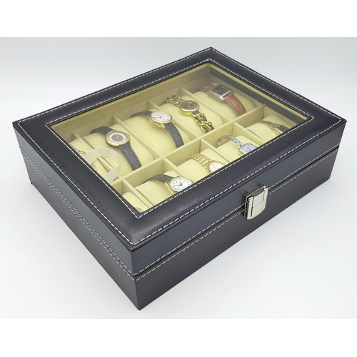 396 - A Ten Watch Display Box Containing Ten Ladies  Watches Comprising: 1) A Seiko Model 6530-5500. 2) An... 