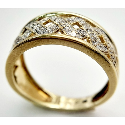 443 - A 9K YELLOW GOLD DIAMOND SET FANCY DESIGN BAND RING. 3G TOTAL WEIGHT. SIZE M AND 1/2. Ref: SC 1005