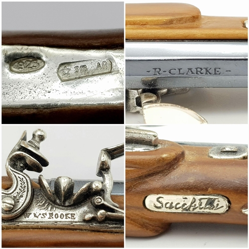 452 - A Rare Sterling Silver and Silver Mounted Miniature Flintlock Cased Set. Pistol Measures 14cm Length... 