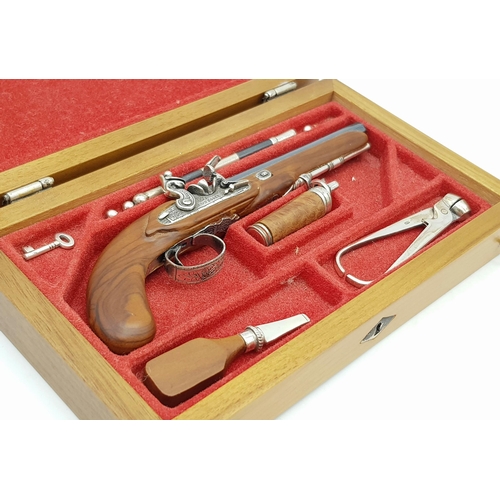 452 - A Rare Sterling Silver and Silver Mounted Miniature Flintlock Cased Set. Pistol Measures 14cm Length... 