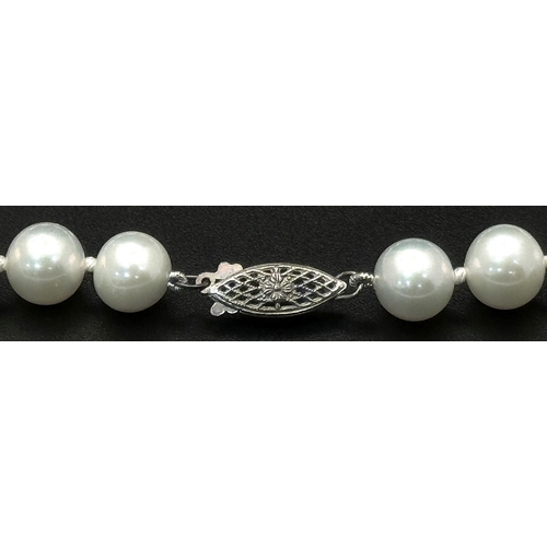 466 - A Boxed Presentation Set String of Pearls on Silver Clasp- 41cm Length. Pearls Measure 9mm Diameter.... 