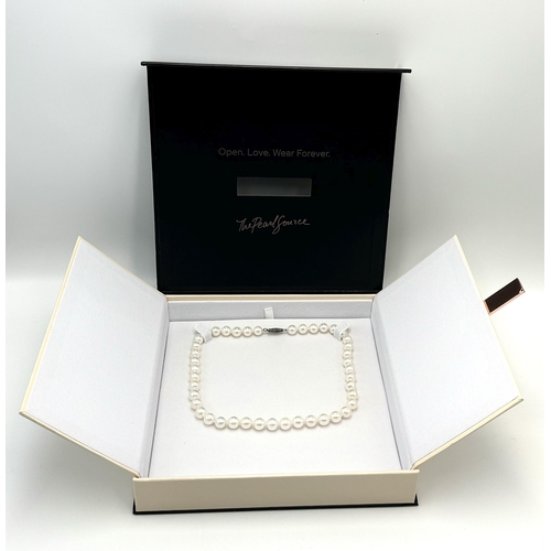 466 - A Boxed Presentation Set String of Pearls on Silver Clasp- 41cm Length. Pearls Measure 9mm Diameter.... 