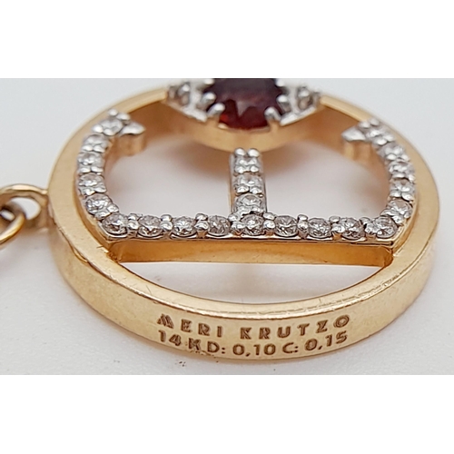 492 - A 14K ROSE GOLD DIAMOND & RUBY SET INITIAL E CHARM. 2.1G TOTAL WEIGHT. APPROX. 2.9CM IN LENGTH AND 1... 