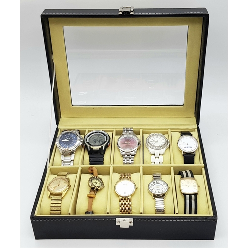 508 - A Ten Watch Display Box Comprising of Ten Men’s and Ladies Watches. Contains:- 1) A Men’s ID London ... 