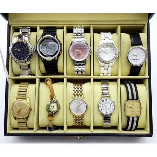 508 - A Ten Watch Display Box Comprising of Ten Men’s and Ladies Watches. Contains:- 1) A Men’s ID London ... 