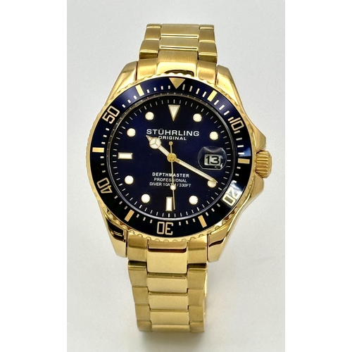 585 - A Gold Tone Stuhrling Depthmaster Professional Divers Watch. 42mm Case. Replacement Battery Fitted D... 