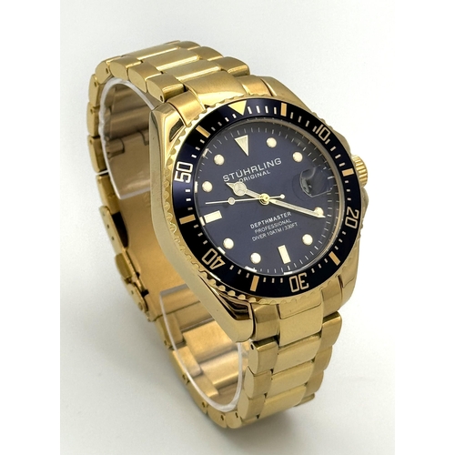 585 - A Gold Tone Stuhrling Depthmaster Professional Divers Watch. 42mm Case. Replacement Battery Fitted D... 