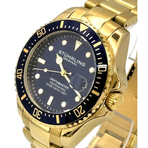 585 - A Gold Tone Stuhrling Depthmaster Professional Divers Watch. 42mm Case. Replacement Battery Fitted D... 