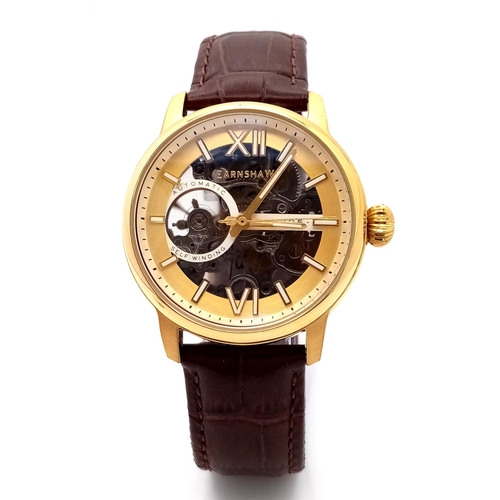 592 - A Thomas Earnshaw Padstow Skeleton Automatic Gold Tone Watch Model ES-8149-04. 39mm Case. Complete w... 