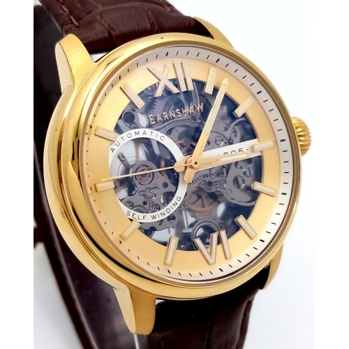 592 - A Thomas Earnshaw Padstow Skeleton Automatic Gold Tone Watch Model ES-8149-04. 39mm Case. Complete w... 