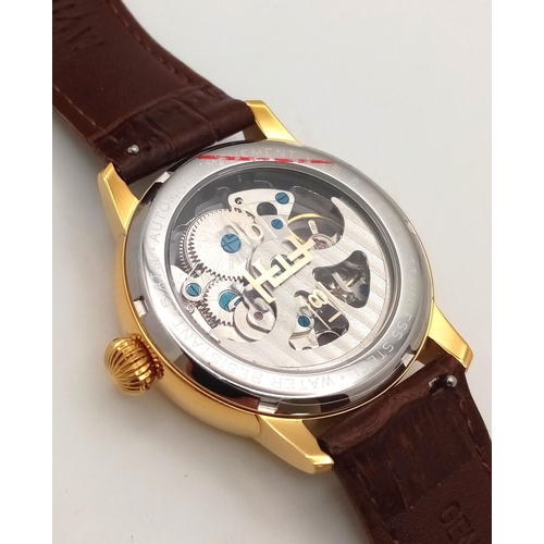 592 - A Thomas Earnshaw Padstow Skeleton Automatic Gold Tone Watch Model ES-8149-04. 39mm Case. Complete w... 