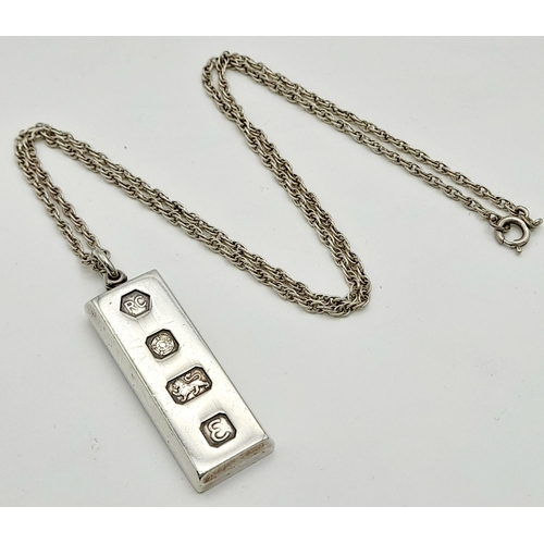 634 - A Vintage Heavy 1979 Hallmarked Sterling Silver Ingot Pendant Necklace. 56cm Length Sterling Silver ... 