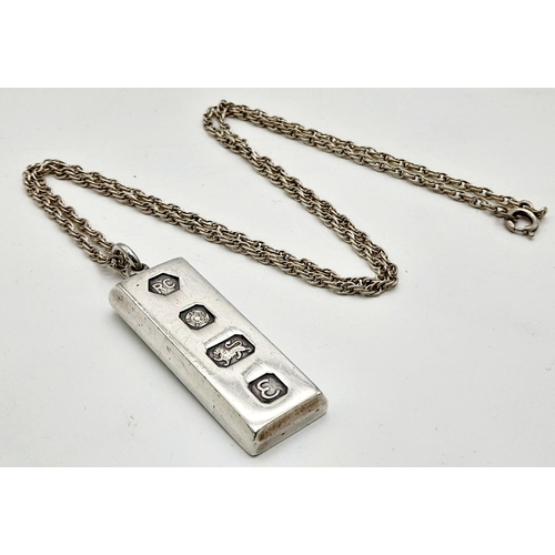 634 - A Vintage Heavy 1979 Hallmarked Sterling Silver Ingot Pendant Necklace. 56cm Length Sterling Silver ... 