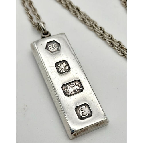 634 - A Vintage Heavy 1979 Hallmarked Sterling Silver Ingot Pendant Necklace. 56cm Length Sterling Silver ... 