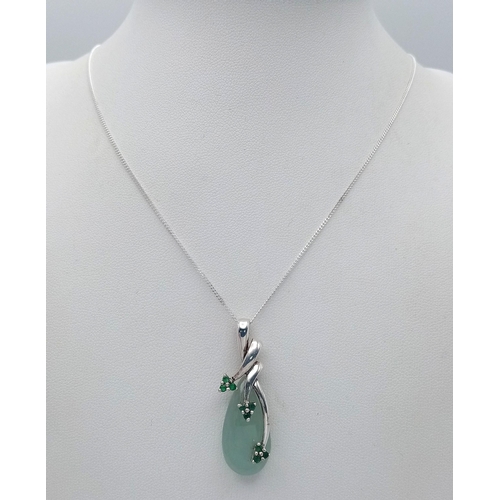 648 - A Sterling Silver Green Chalcedony and Emerald Set Pendant Necklace-46cm Length. Pendant Measures 3.... 