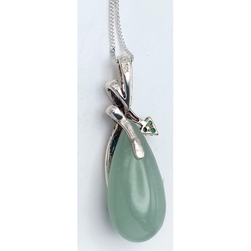 648 - A Sterling Silver Green Chalcedony and Emerald Set Pendant Necklace-46cm Length. Pendant Measures 3.... 