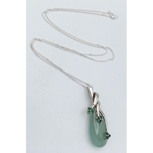 648 - A Sterling Silver Green Chalcedony and Emerald Set Pendant Necklace-46cm Length. Pendant Measures 3.... 