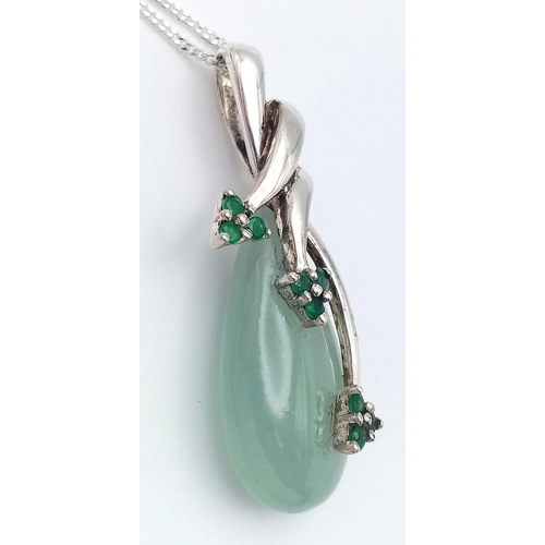 648 - A Sterling Silver Green Chalcedony and Emerald Set Pendant Necklace-46cm Length. Pendant Measures 3.... 