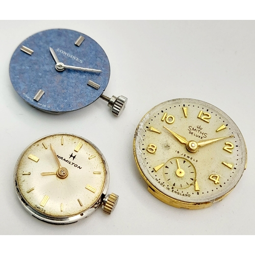 689 - A 3 X AUTOMATIC MOVEMENTS WITH DIALS LONGINES, HAMILTON & SMITHS DE LUXE FOR PARTS / SPARES . Ref: R... 