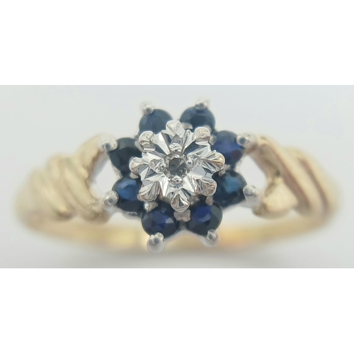 786 - A 9K YELLOW GOLD DIAMOND & SAPPHIRE RING. 1G TOTAL WEIGHT. SIZE I AND 1/2. Ref: SC 1026