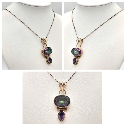 788 - A Vintage Sterling Silver Mystic Topaz and Amethyst Set Pendant Necklace. 46cm Length Chain. Pendant... 