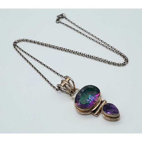 788 - A Vintage Sterling Silver Mystic Topaz and Amethyst Set Pendant Necklace. 46cm Length Chain. Pendant... 