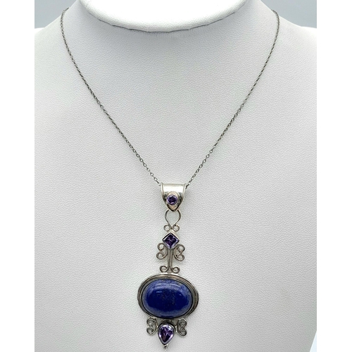 901 - A Vintage Sterling Silver Lapis Lazuli and Amethyst Pendant Necklace. 40cm Length Chain. Pendant Mea... 