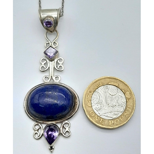 901 - A Vintage Sterling Silver Lapis Lazuli and Amethyst Pendant Necklace. 40cm Length Chain. Pendant Mea... 