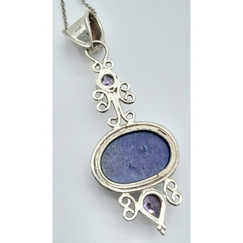 901 - A Vintage Sterling Silver Lapis Lazuli and Amethyst Pendant Necklace. 40cm Length Chain. Pendant Mea... 