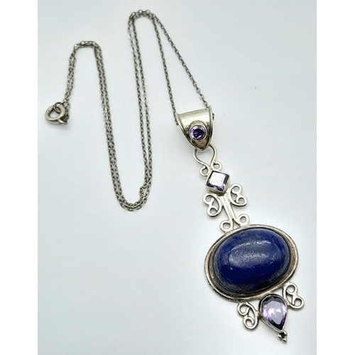 901 - A Vintage Sterling Silver Lapis Lazuli and Amethyst Pendant Necklace. 40cm Length Chain. Pendant Mea... 