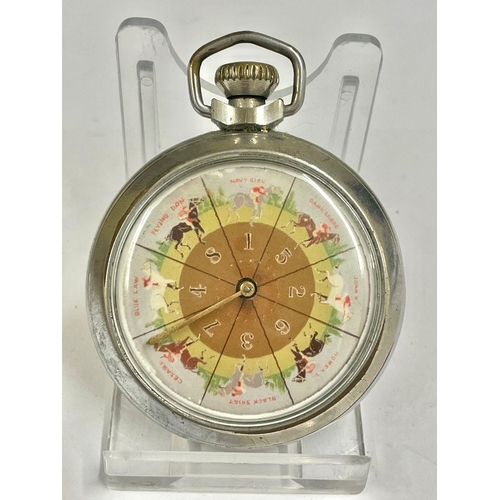 1084 - A Vintage horse racing spinning gaming pocket watch. When round mechanical arm spins landing randoml... 