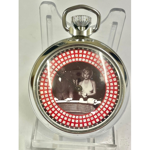 1112 - A Vintage Marylin Monroe casino spinning gaming pocket watch. When round mechanical arm spins landin... 