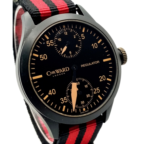 41 - A Christopher Ward of London Regulator Mechanical Gents Watch. Textile strap. Black stainless steel ... 