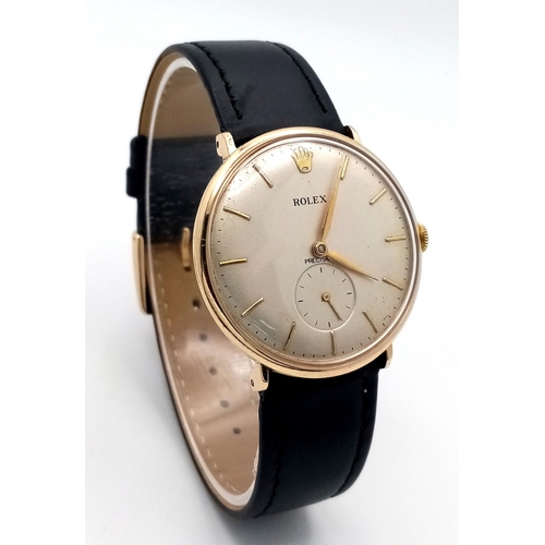 46 - A Stylish 1960s 9K Gold Cased Rolex Precision Gents Watch. New black leather strap. 9K gold case - 3... 