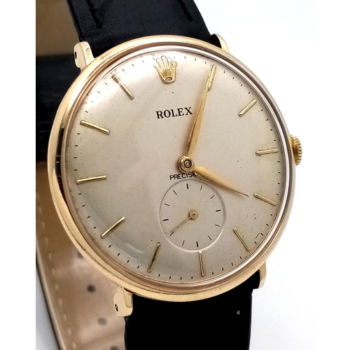 46 - A Stylish 1960s 9K Gold Cased Rolex Precision Gents Watch. New black leather strap. 9K gold case - 3... 