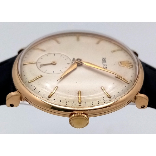 46 - A Stylish 1960s 9K Gold Cased Rolex Precision Gents Watch. New black leather strap. 9K gold case - 3... 