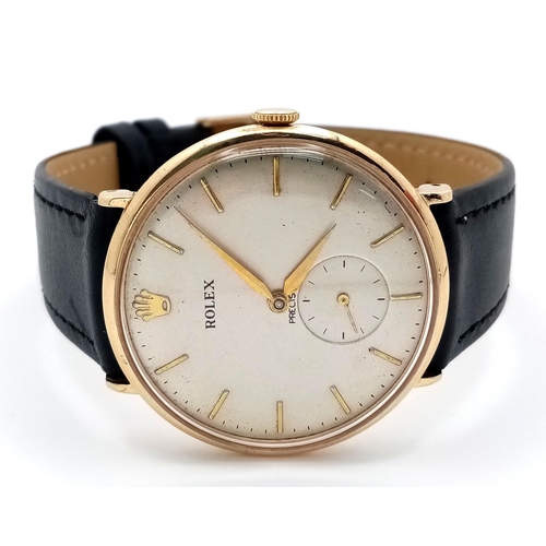 46 - A Stylish 1960s 9K Gold Cased Rolex Precision Gents Watch. New black leather strap. 9K gold case - 3... 