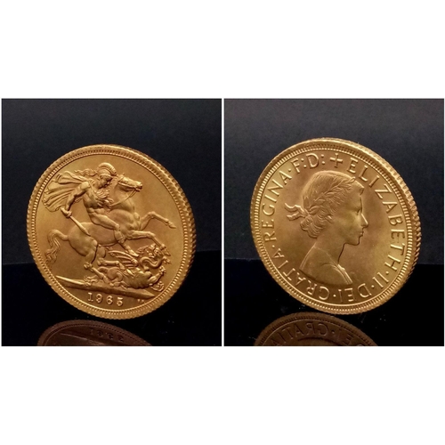 47 - A 22K Gold 1965 Queen Elizabeth II Uncirculated Full Sovereign - In a protective capsule.