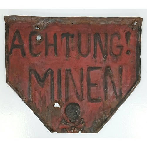 603 - A WW2 German Metal Mine Sign with Battle Damage.