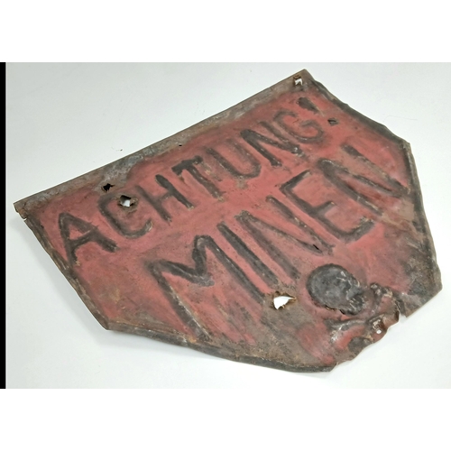 603 - A WW2 German Metal Mine Sign with Battle Damage.