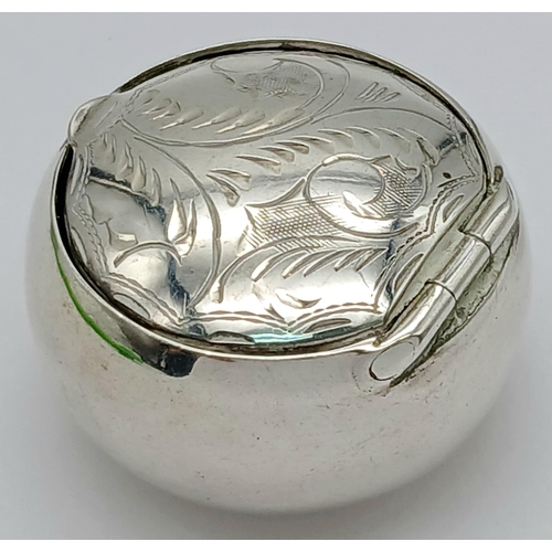 644 - Vintage SILVER PILL BOX .CAULDRON SHAPE. Scroll and leaf decoration to lid. 2.8 cm diameter. Full UK... 