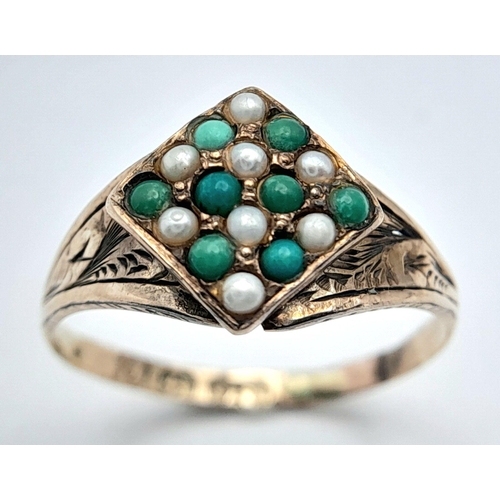 646 - A 9K YELLOW GOLD ANTIQUE SEED PEARL & TURQUISE RING 1.4G SIZE O. Ref: SC 1019