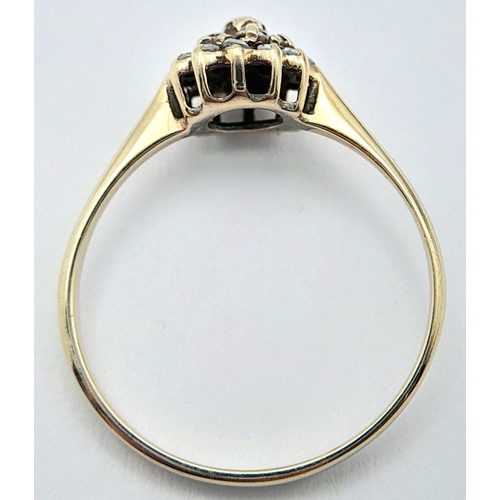 717 - A 9K YELLOW GOLD DIAMOND SET CLUSTER RING. 1.1G TOTAL WEIGHT. SIZE L. Ref: J S 1002