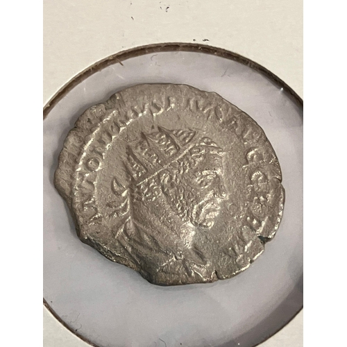 175 - 2 x antique ROMAN SILVER COINS. Fine/very fine condition. Nicely presented in windowed card. Please ... 