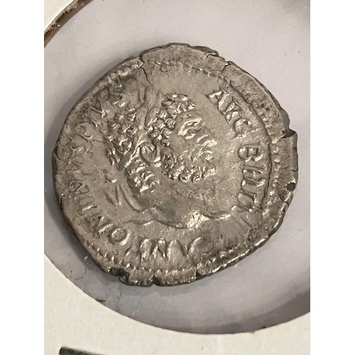 175 - 2 x antique ROMAN SILVER COINS. Fine/very fine condition. Nicely presented in windowed card. Please ... 