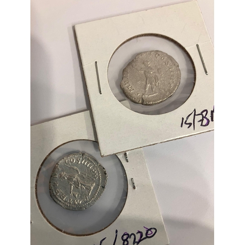 175 - 2 x antique ROMAN SILVER COINS. Fine/very fine condition. Nicely presented in windowed card. Please ... 